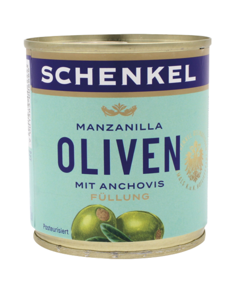 Schenkel Oliven Manzanilla gruen, gefuellt mit Anchovis, aus Spanien, 85g Abtropfgewicht